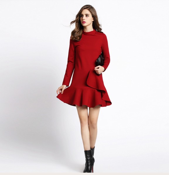 F2486-1 Red High Neck Ruffle Long Sleeve Flounce Hem Dress